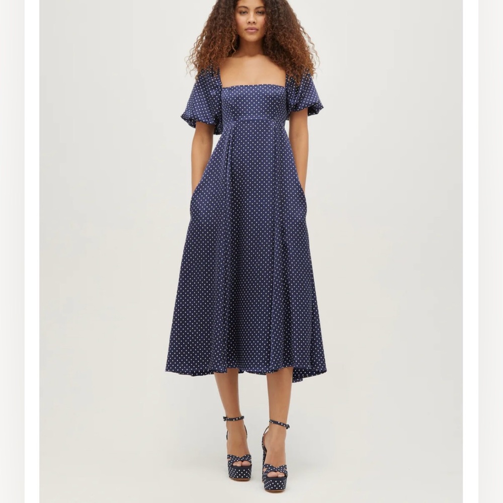 Hill House Home the Matilda nap dress midi Navy Polka Dot Silky Satin XS